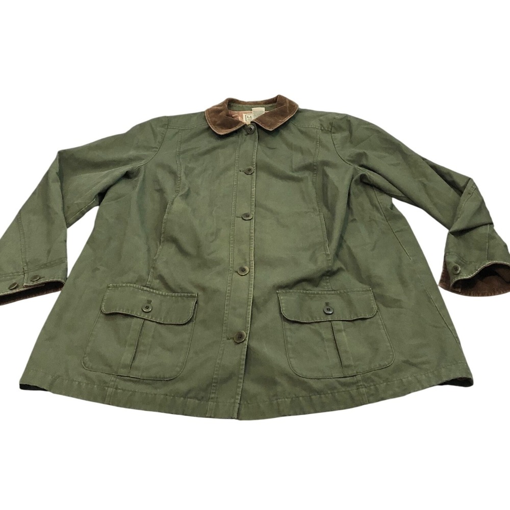 L.L. Bean Barn Coat Womens 2X Green Corduroy Collar Plaid Lined Canvas Jacket